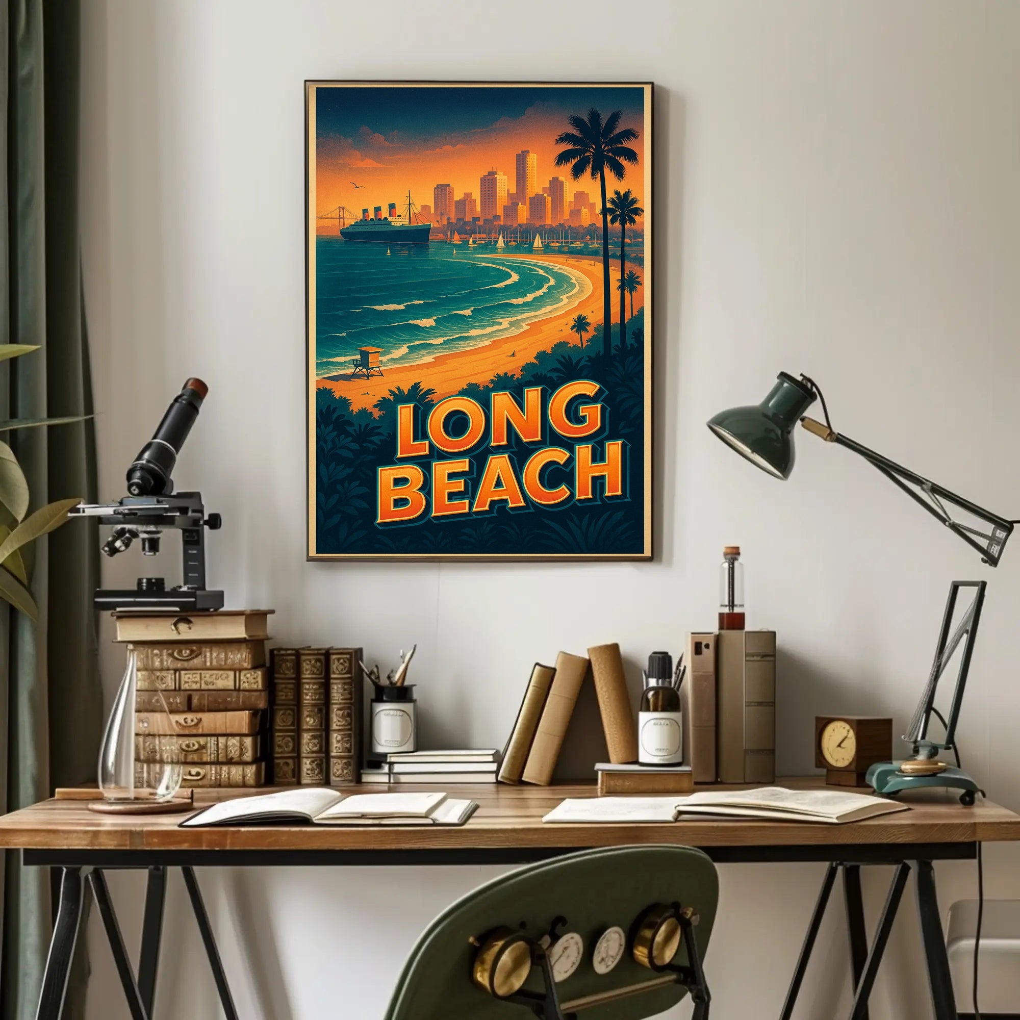 Long Beach Sunset Retro Travel Poster