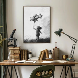 Monochrome Sketch Child Releasing Star Balloons Poster