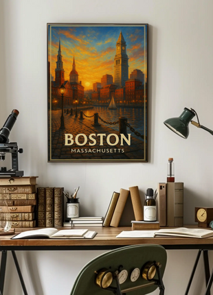 Boston Massachusetts Cobblestone Harbor Sunset Travel Poster