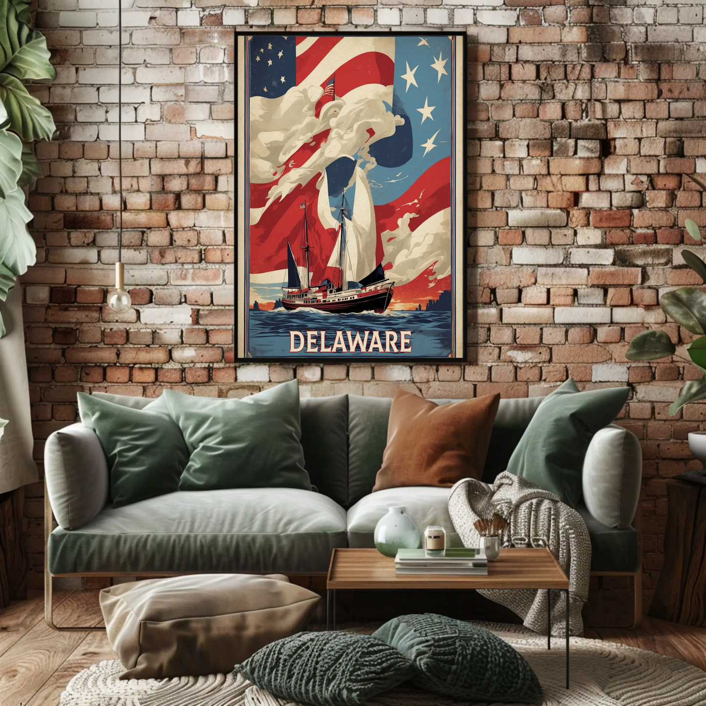 Delaware Sailboat Flag Sky Vintage Travel Poster