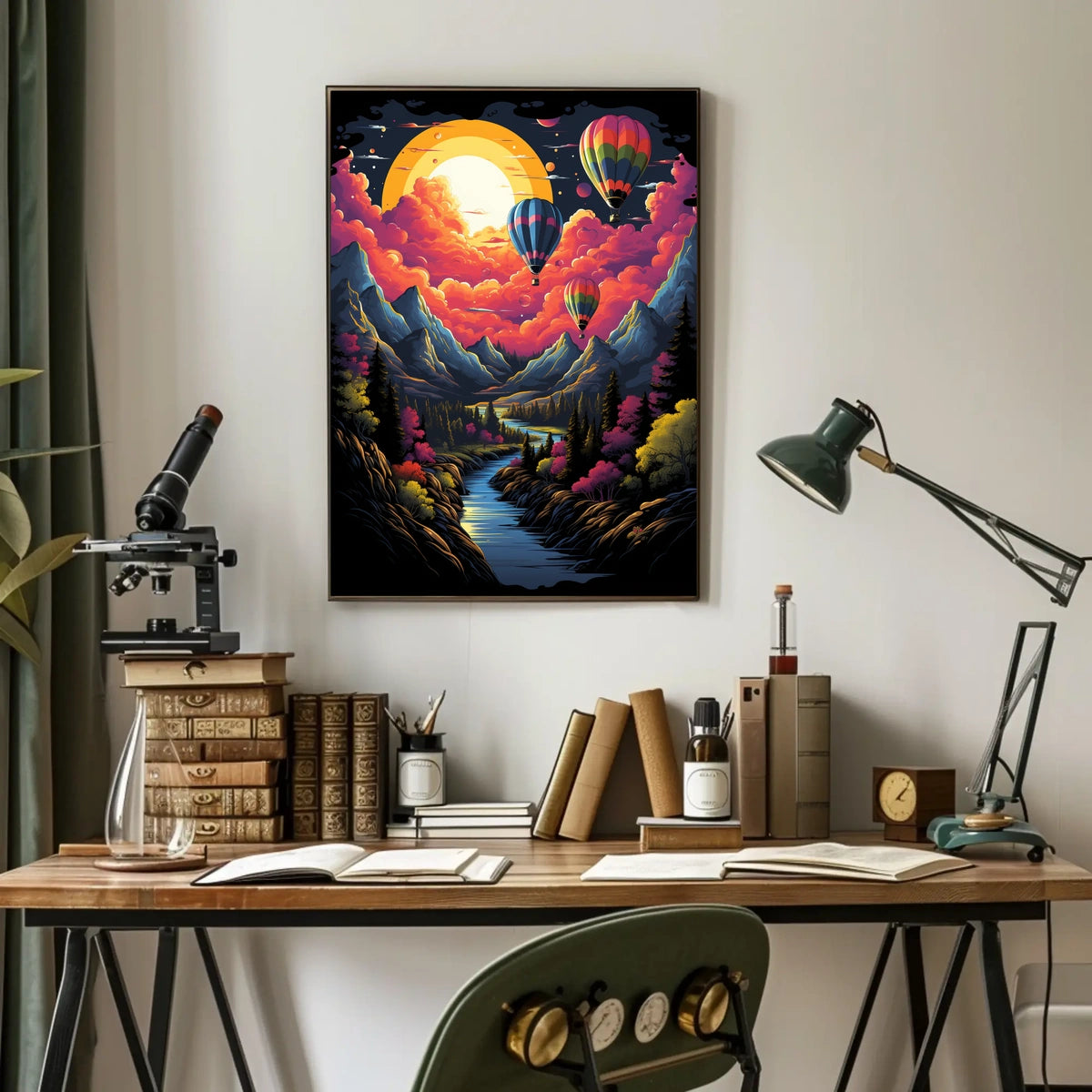 Vibrant Surreal Landscape Poster with Hot Air Balloons