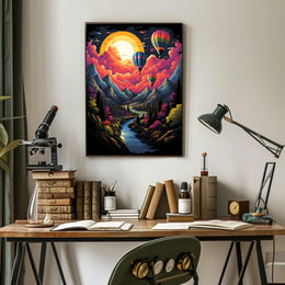 Vibrant Surreal Landscape Poster with Hot Air Balloons