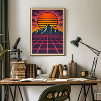 Retro-Futuristic Sunset over Mountains: Futuristic Sci-Fi Poster