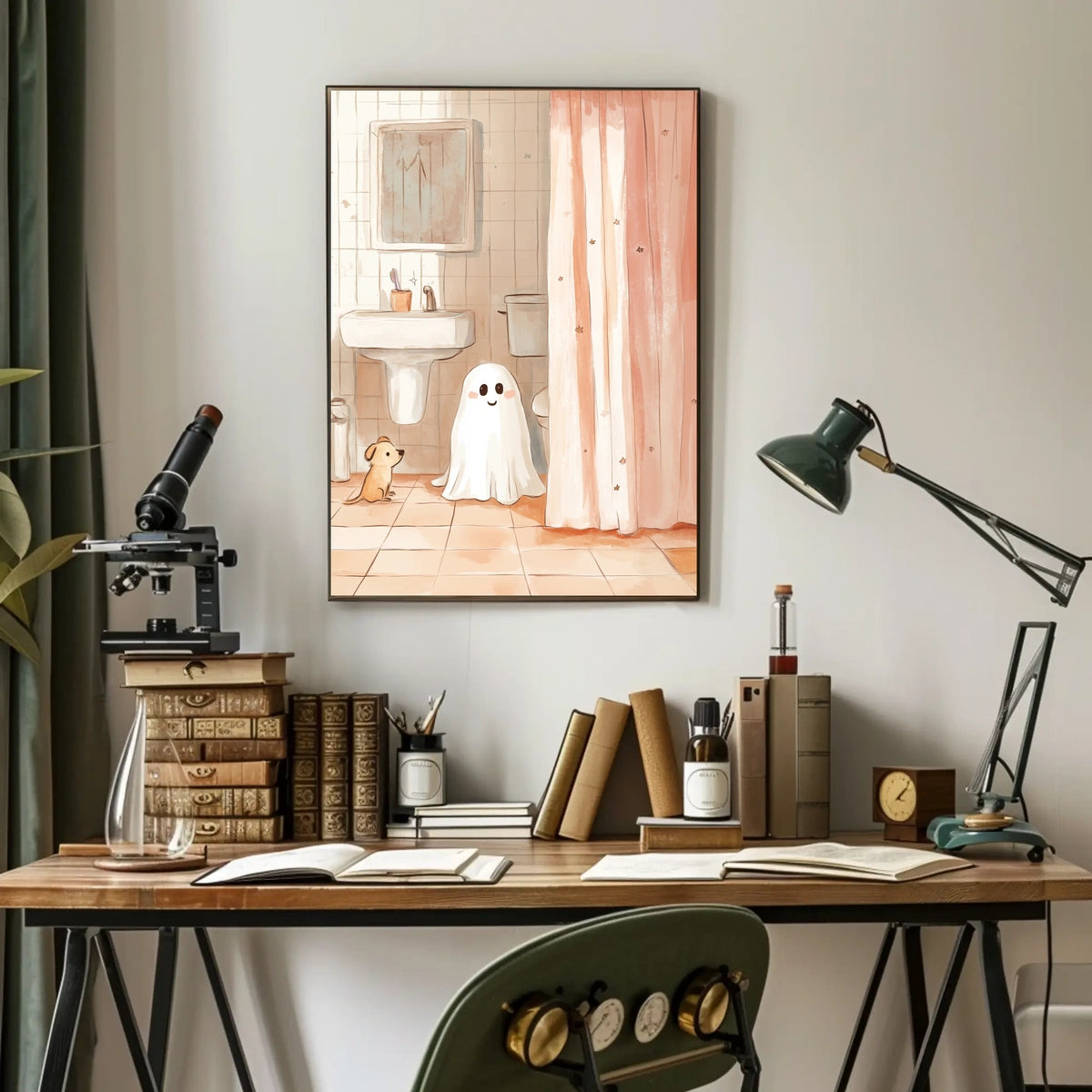 Ghost and Dog Bathroom Whimsical Illustration Cozy Poster