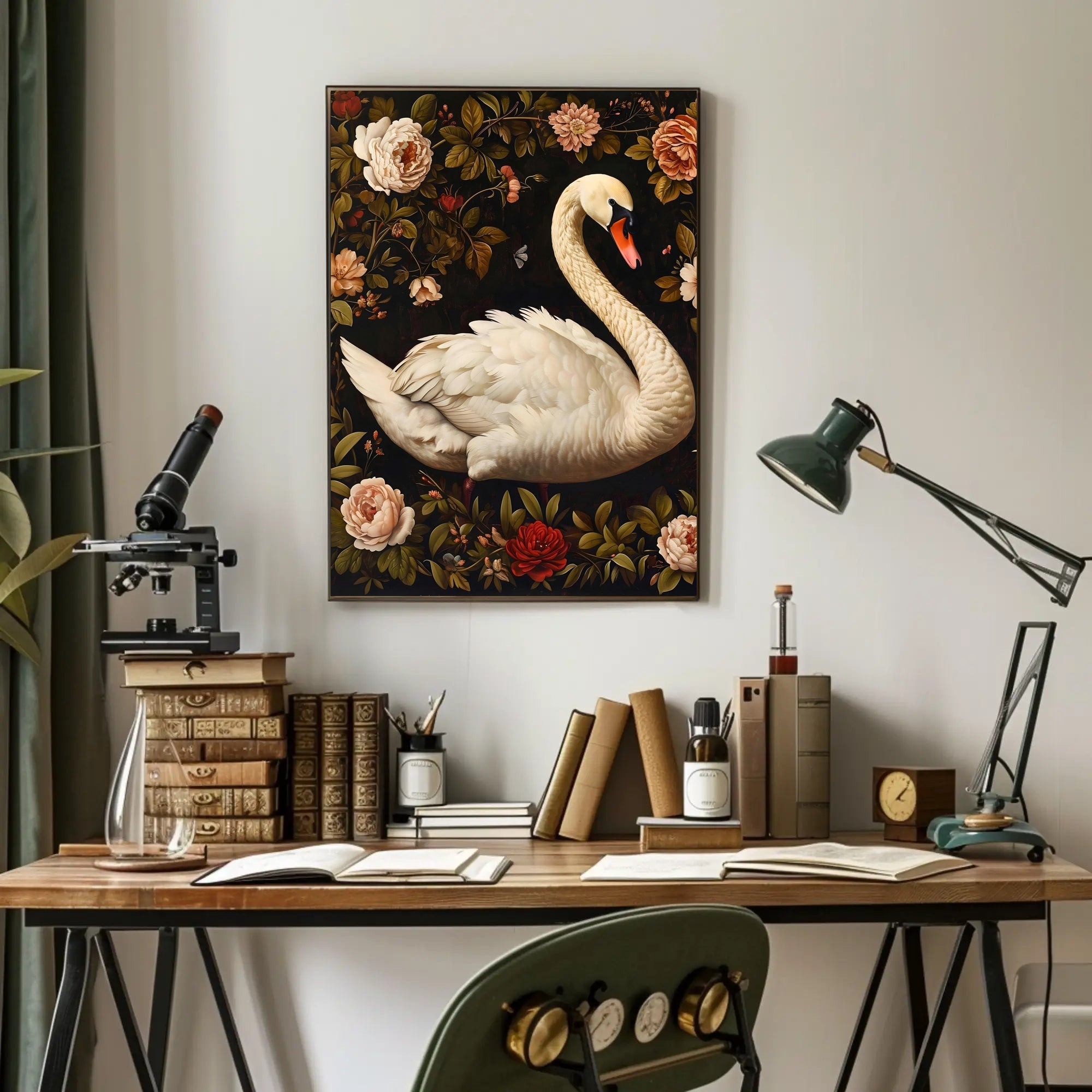 Graceful Swan Wall Art Amidst Blossoms