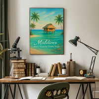 This poster vividly captures a serene tropical paradise, likely set in the Maldives, Travel Poster