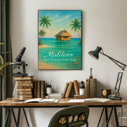 This poster vividly captures a serene tropical paradise, likely set in the Maldives, Travel Poster