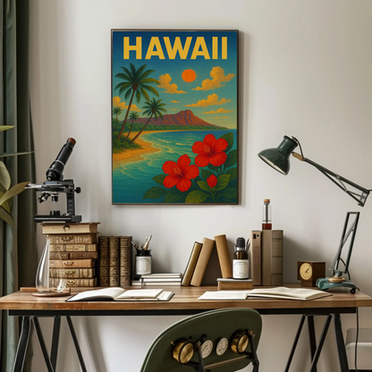 Hawaii Sunset Coastline Hibiscus Beach Travel Poster