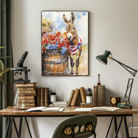 Cheerful Donkey Beside Barrel Surrounded By Flowers Poster