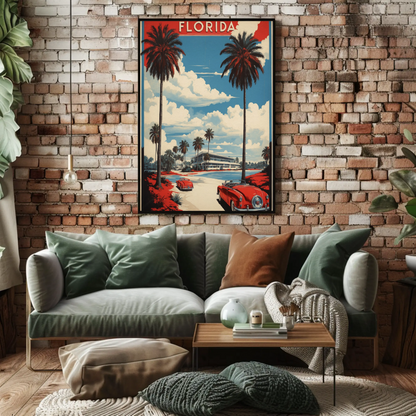 Florida Retro Cars Beach Palms Vintage Travel Poster