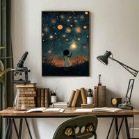 Young Girl Holding Sparkler Under Firework Sky Poster
