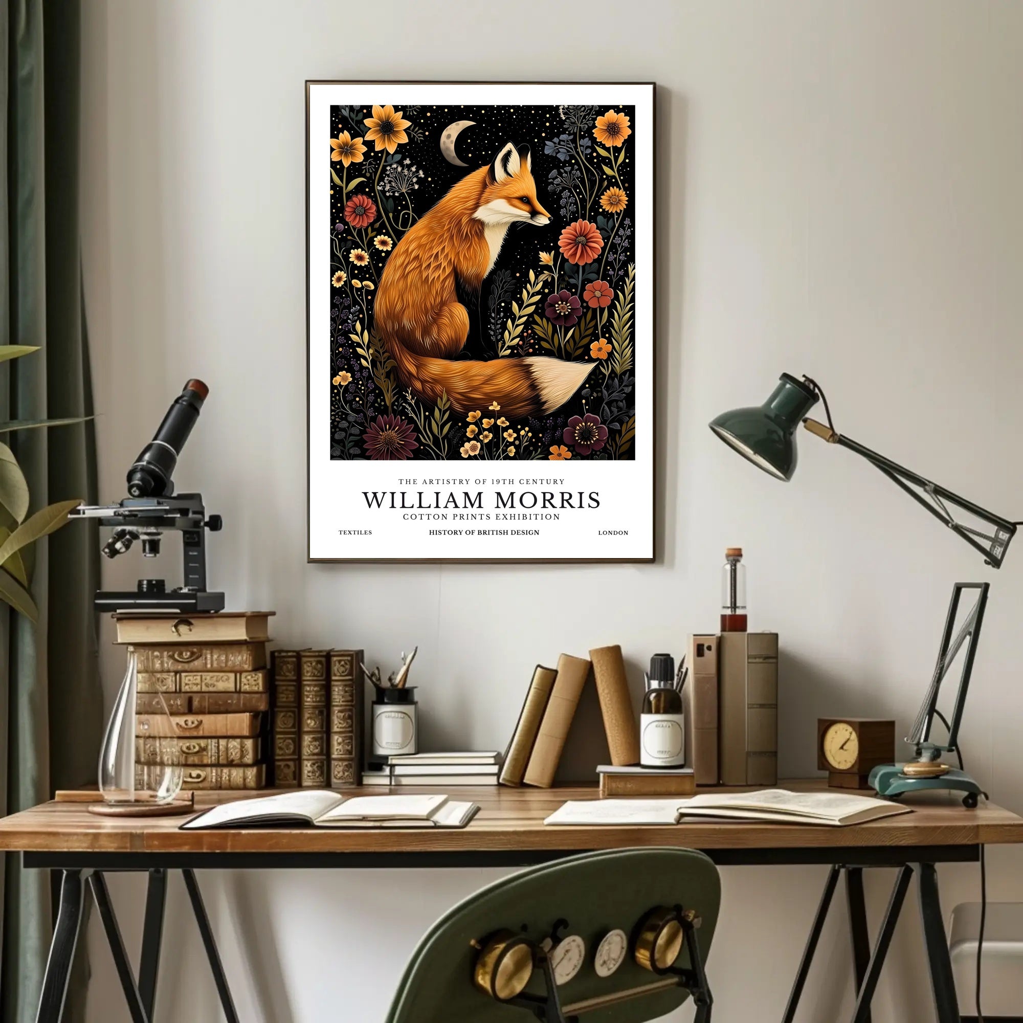 Fox and Floral Elegance Under Moonlit Night: Artistic Poster
