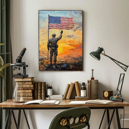 soldier saluting the American flag at sunrise Poster