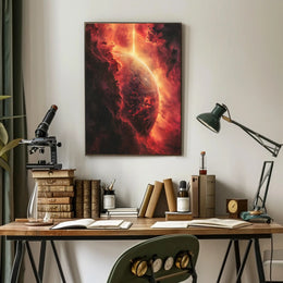 Cosmic Majesty: Fiery Planet in Nebula Poster PosterGoat