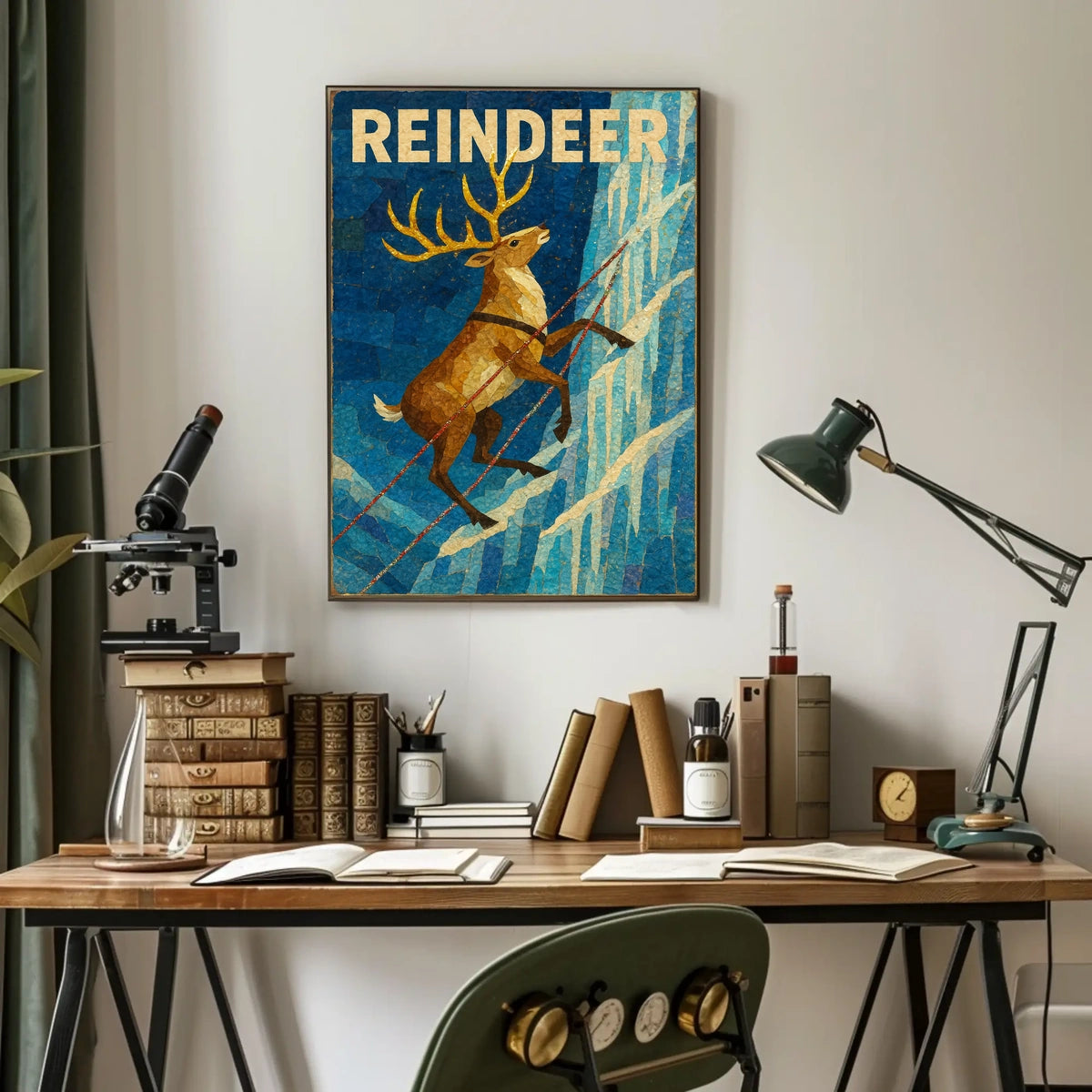 Reindeer Adventure on Icy Cliff Animal Poster