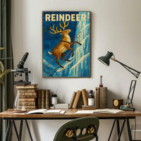 Reindeer Adventure on Icy Cliff Animal Poster