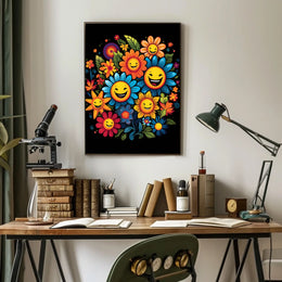 Joyful Floral Faces: Whimsical Art Poster Print