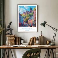 Edinburgh Street Scene with Castle Travel Poster