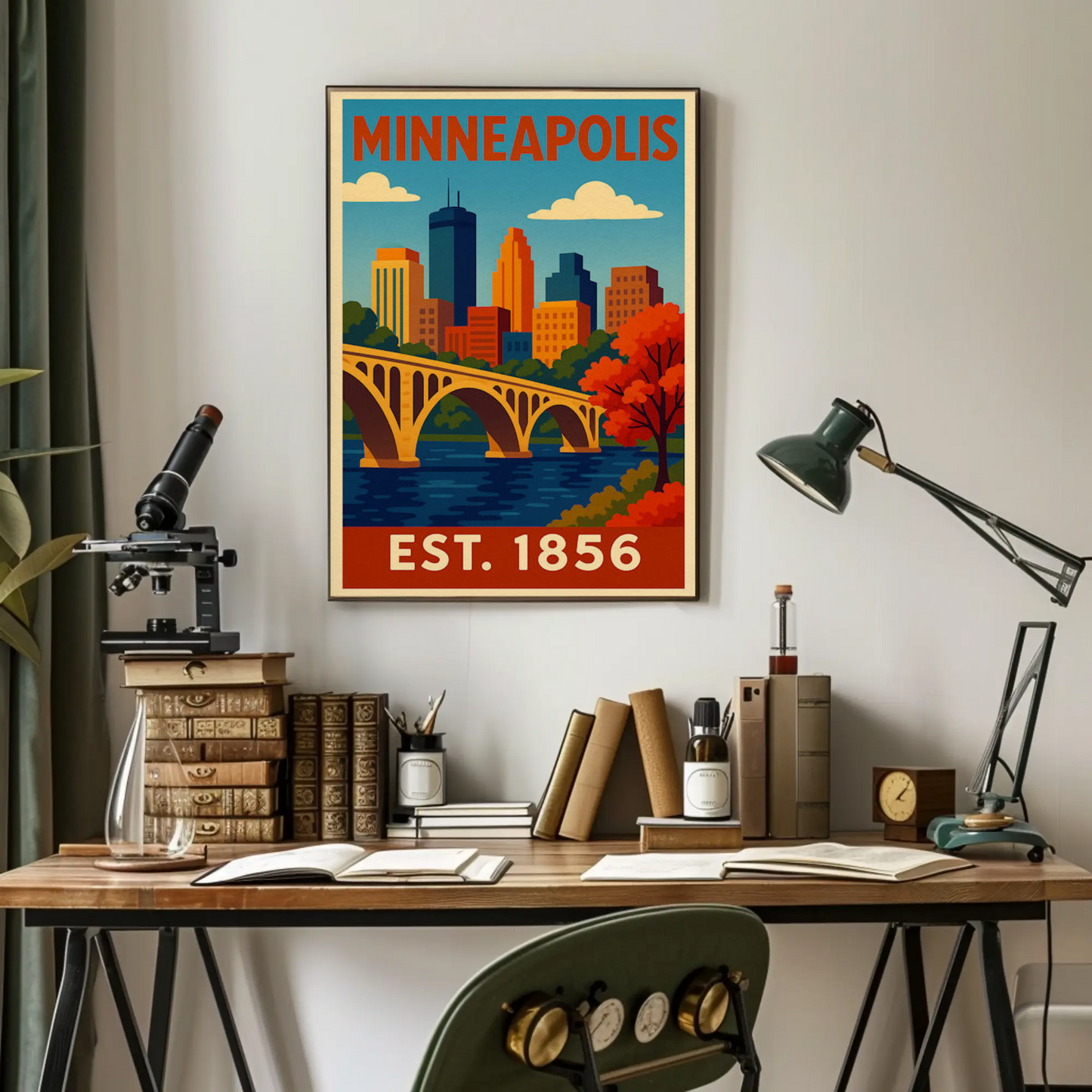Minneapolis Autumn River Bridge View Vintage Travel Poster