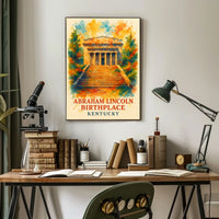This poster features a depiction of the Abraham Lincoln Birthplace, located in Kentucky. Travel Poster