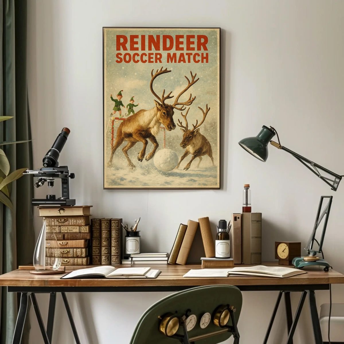 Reindeer Soccer Match Vintage Christmas Poster