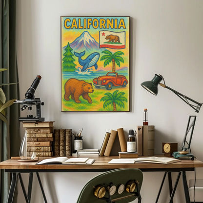 California Bear Whale Redwood Vintage Travel Poster