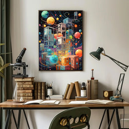 Futuristic Space Adventure Art Poster: Whimsical Sci-Fi Design