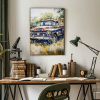 pickup truck parked in a sunny field Poster