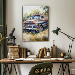 pickup truck parked in a sunny field Poster