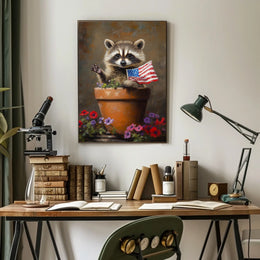 raccoon popping out of a large clay flowerpot Poster