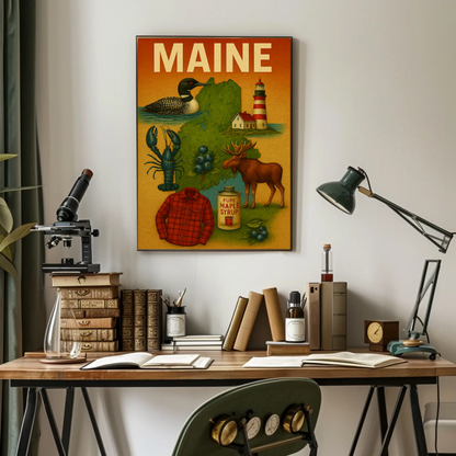 Maine State Symbols Moose Maple Lighthouse Poster