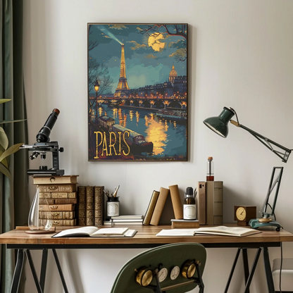 Paris Eiffel Tower Night Lights River Travel Poster