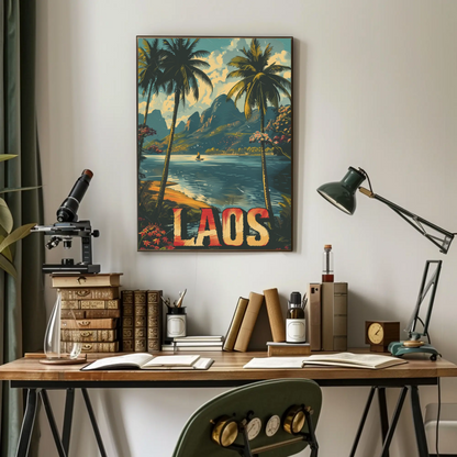 Laos Palm Trees River Mountain Jungle View Travel Poster