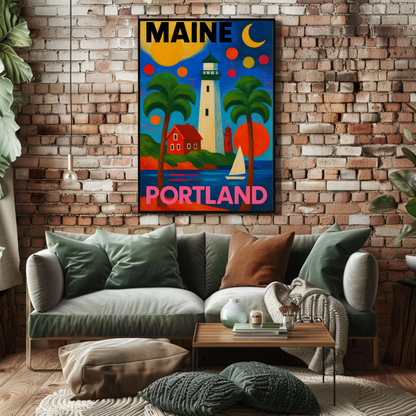Maine Portland Lighthouse Sailboats Palms Vintage Travel Poster