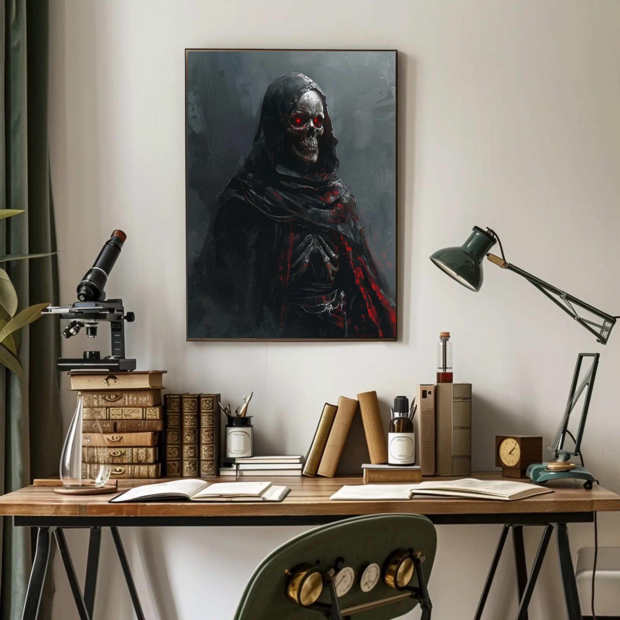 Dark Gothic Skeleton Poster with Red Eyes PosterGoat