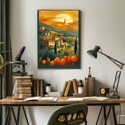 Tuscan Sunset Over Rolling Hillside Travel Poster