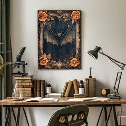 Gothic Bat Art Poster with Intricate Floral Design