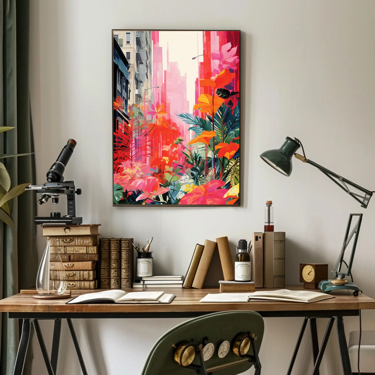 Urban Nature Fusion: Vibrant Cityscape Meets Botanical Wonderland Poster