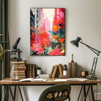Urban Nature Fusion: Vibrant Cityscape Meets Botanical Wonderland Poster