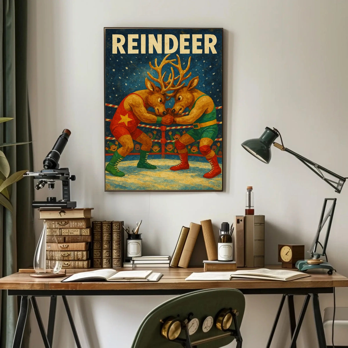 Whimsical Reindeer Wrestling Holiday Poster Art Print