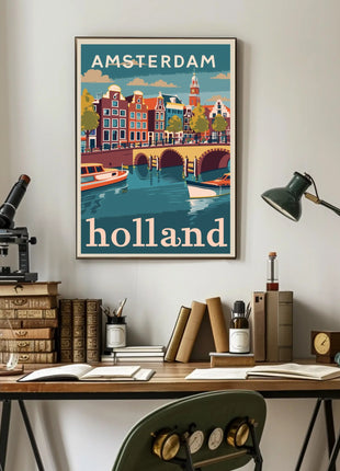 Amsterdam Canal Houses Scenic Vintage Travel Poster