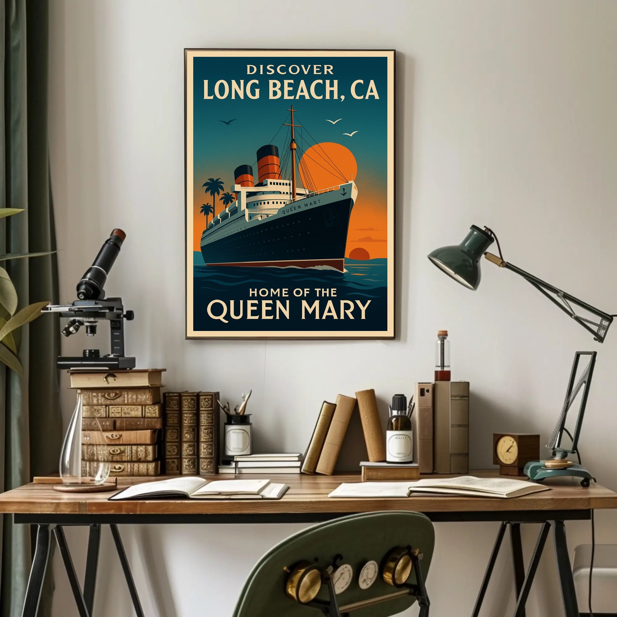 Long Beach Queen Mary Vintage Travel Poster