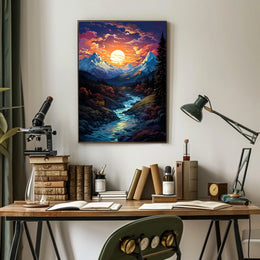 Majestic Mountain Sunset Fantasy Landscape Poster