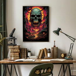 Eerie Skull Over Fiery Alien Landscape Poster