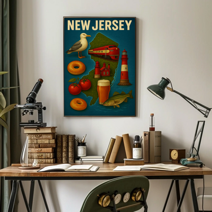 New Jersey Icons Lighthouses Bagels Beer Tomato Pride Travel Poster Travel Poster