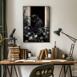 Mysterious Black Cat Window Nightscape Animal Poster PosterGoat