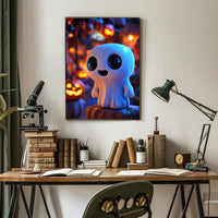 Cute Ghost with Pumpkins: Vibrant Halloween Pop Culture Poster