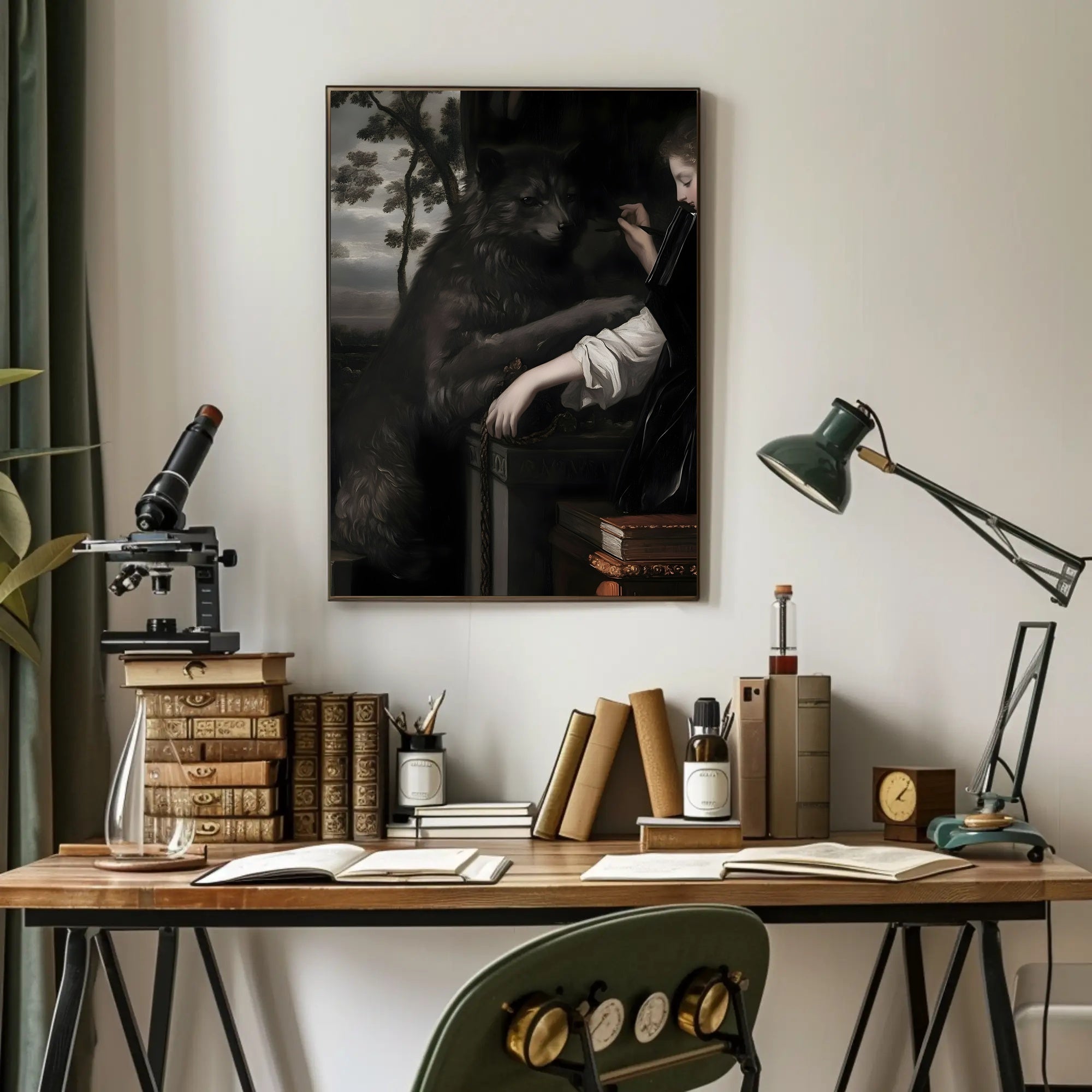 Lady and Wolf in Ornate Library Fantasy or Mythology Poster PosterGoat
