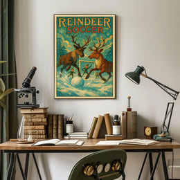 Reindeer Soccer: Whimsical Winter Fantasy Art Poster