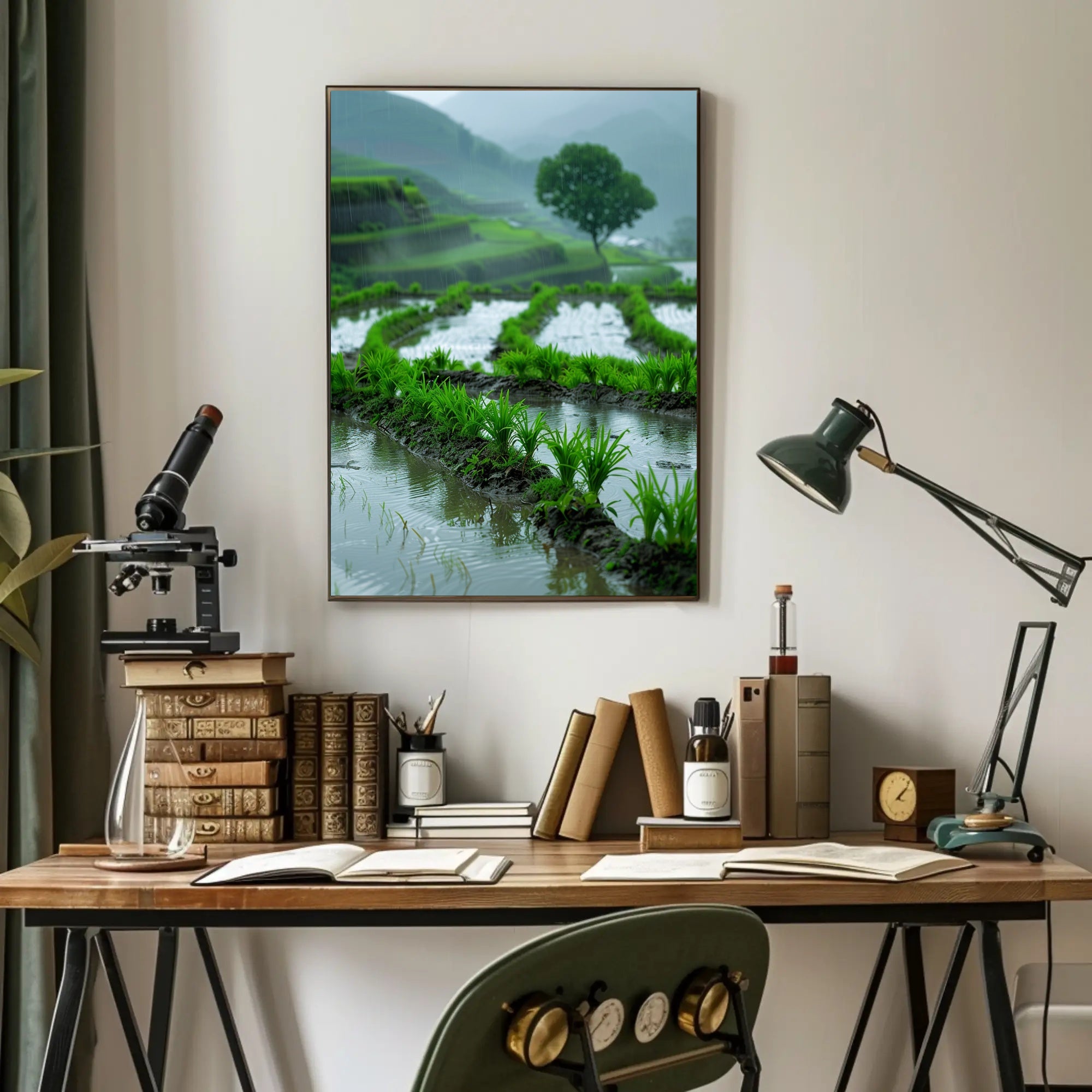 Peaceful Terraced Rice Paddies in Rainy Rural Landscape Poster PosterGoat